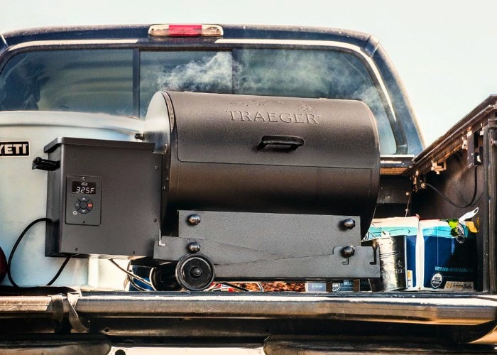 Traeger Tailgater 20 on a pickup truck